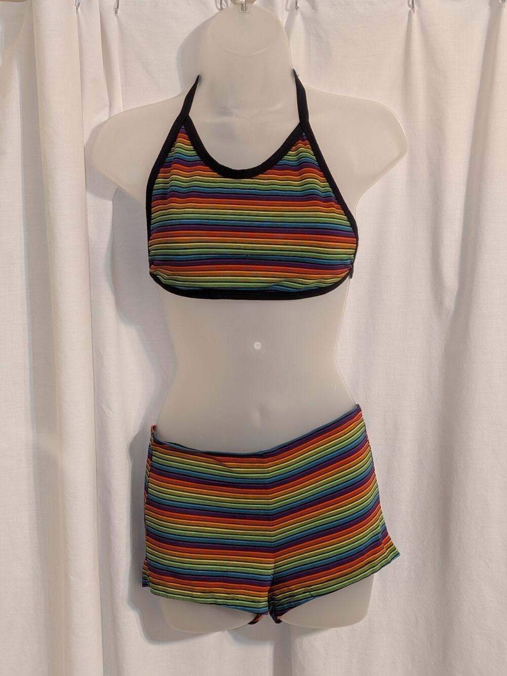VTG 90s Rainbow Neon Striped Catalina Halter Top Two Piece Swim Suit Sz S